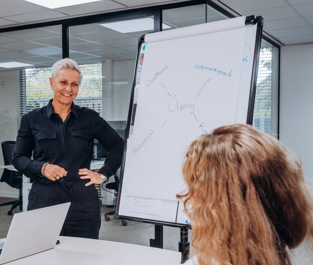 Collega's met in een meeting met uitleg op een whiteboard