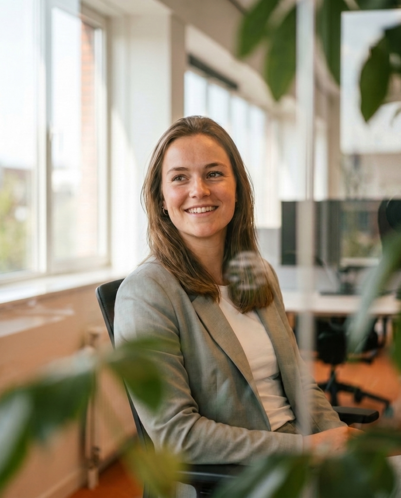 Lachende Clarixy collega achter haar bureau
