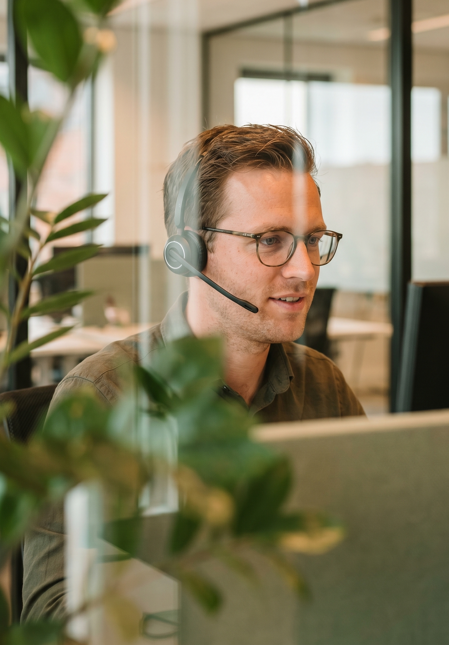 Mannelijke klantadviseur met headset op aan het werk
