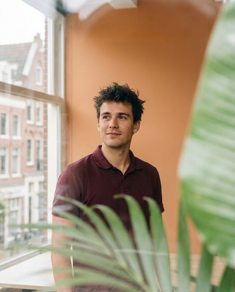 Jonge gast kijkend uit een raam